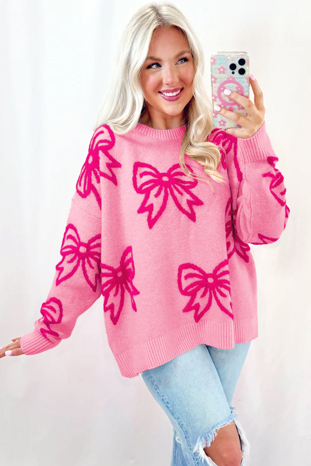 Pink Fleece Bow Pattern Drop Shoulder Loose Sweater