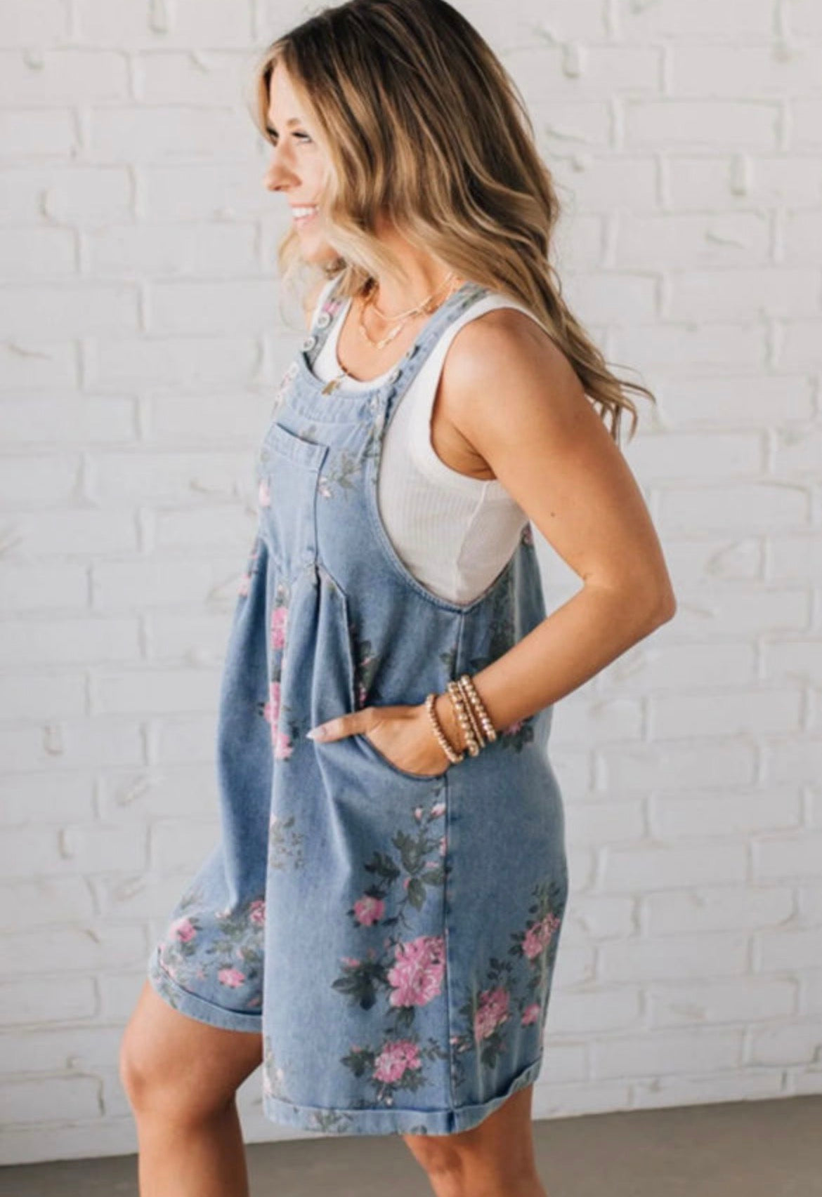 Floral print denim short overalls