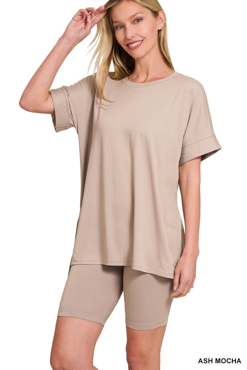 BRUSHED DTY MICROFIBER ROUND-NECK TOP & BIKER SHORTS
