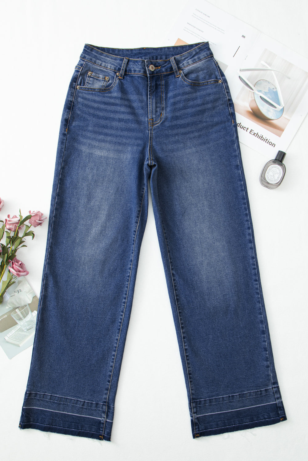 Black Raw Hem Unique Cuffs Straight High Rise Loose Jeans