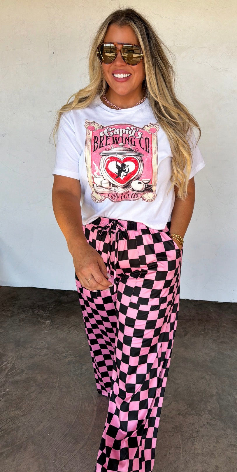 Pink/Black Checkered Wide Leg Pants