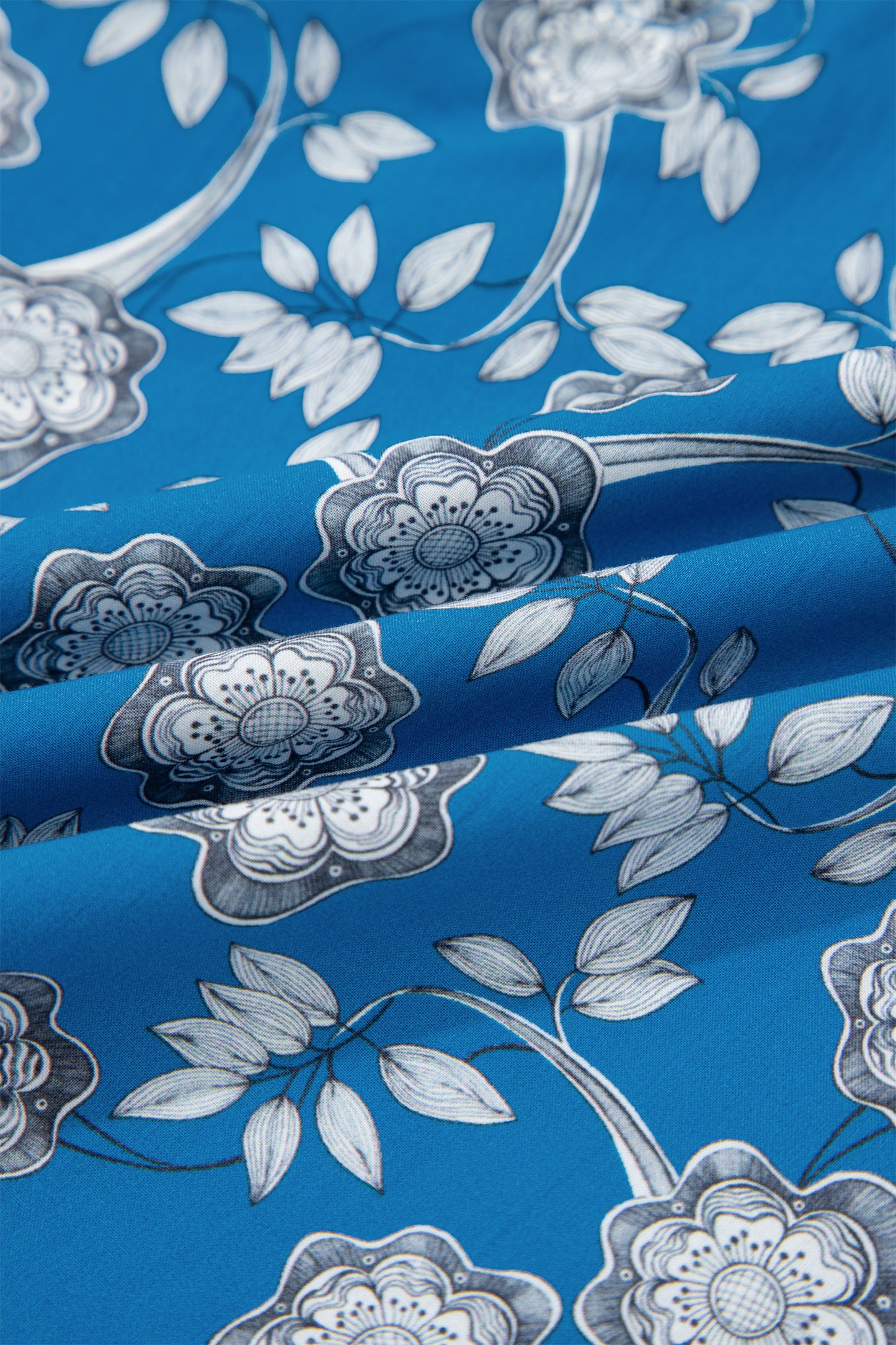 Blue Floral Print Button Tie Neck Striped Detail Short Sleeve Blouse