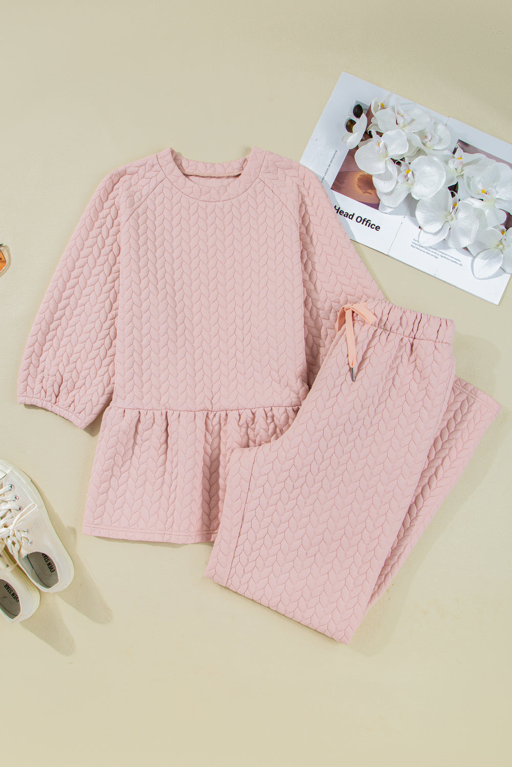 Delicately Braided Texture Ruffle Hem Top Drawstring Loose Pants Set