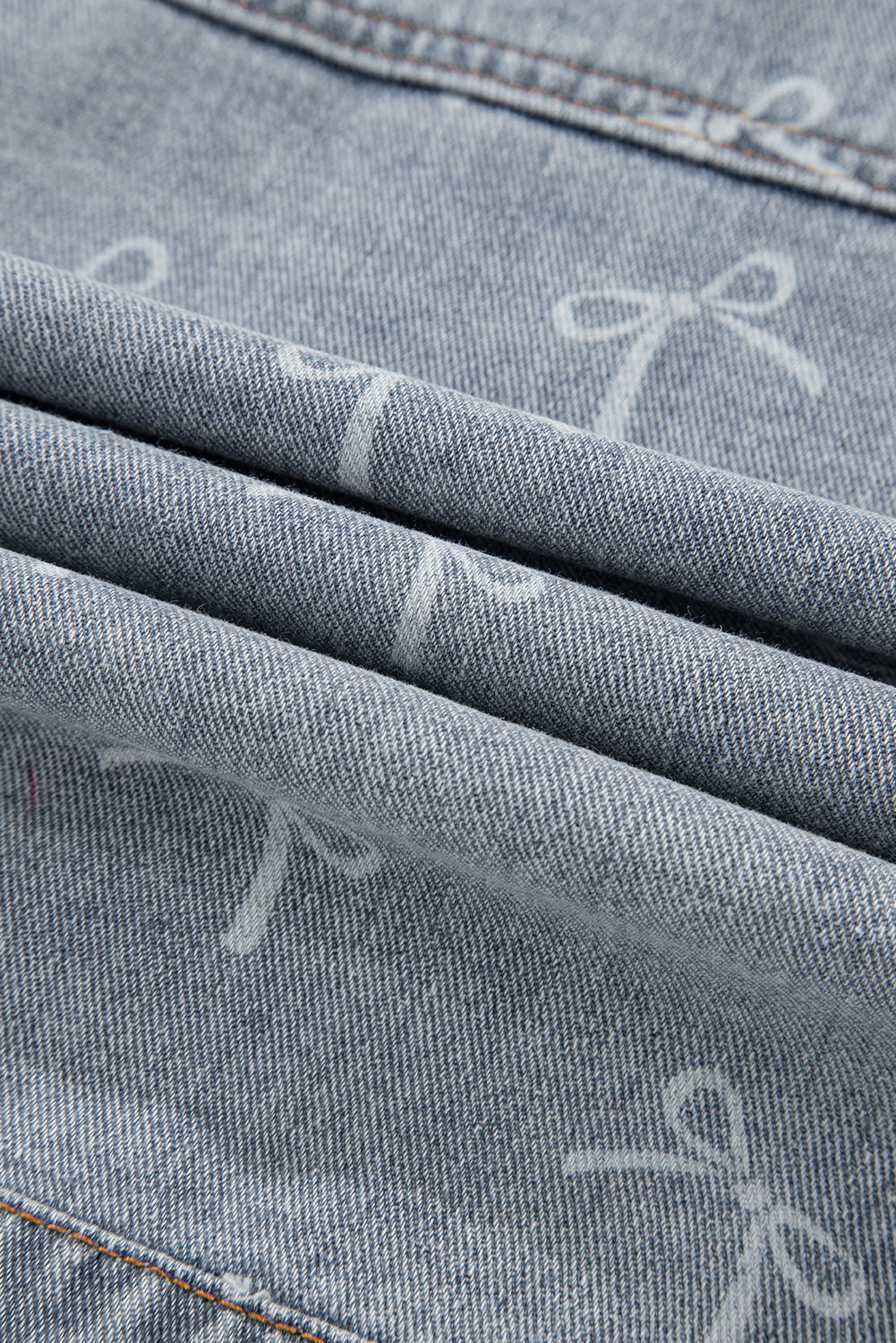 Sky Blue Bow Knot Print Light Wash Raw Hem Denim Jacket