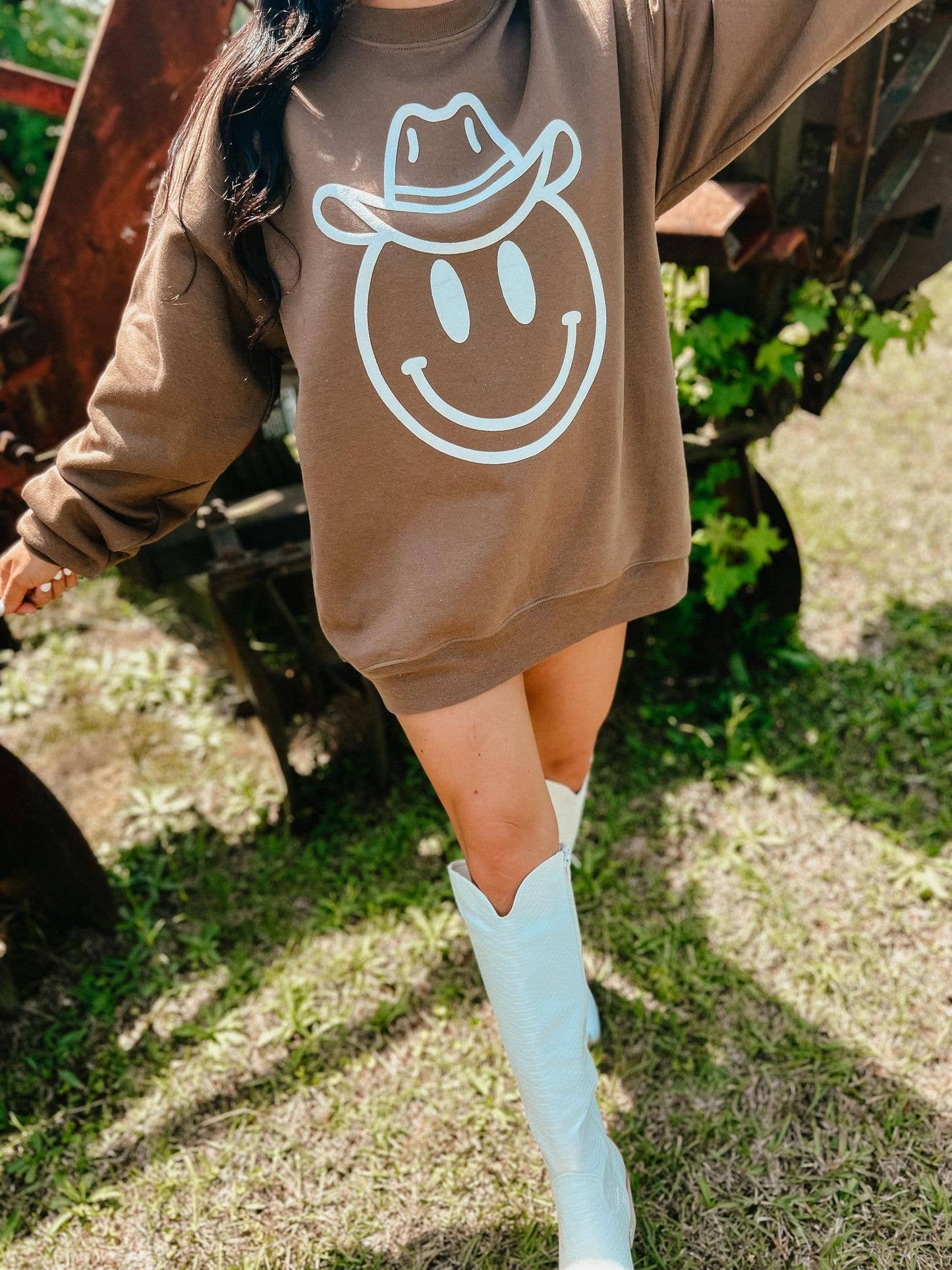 Cowboy Happy Face Puff Sweatshirt NEON PINK