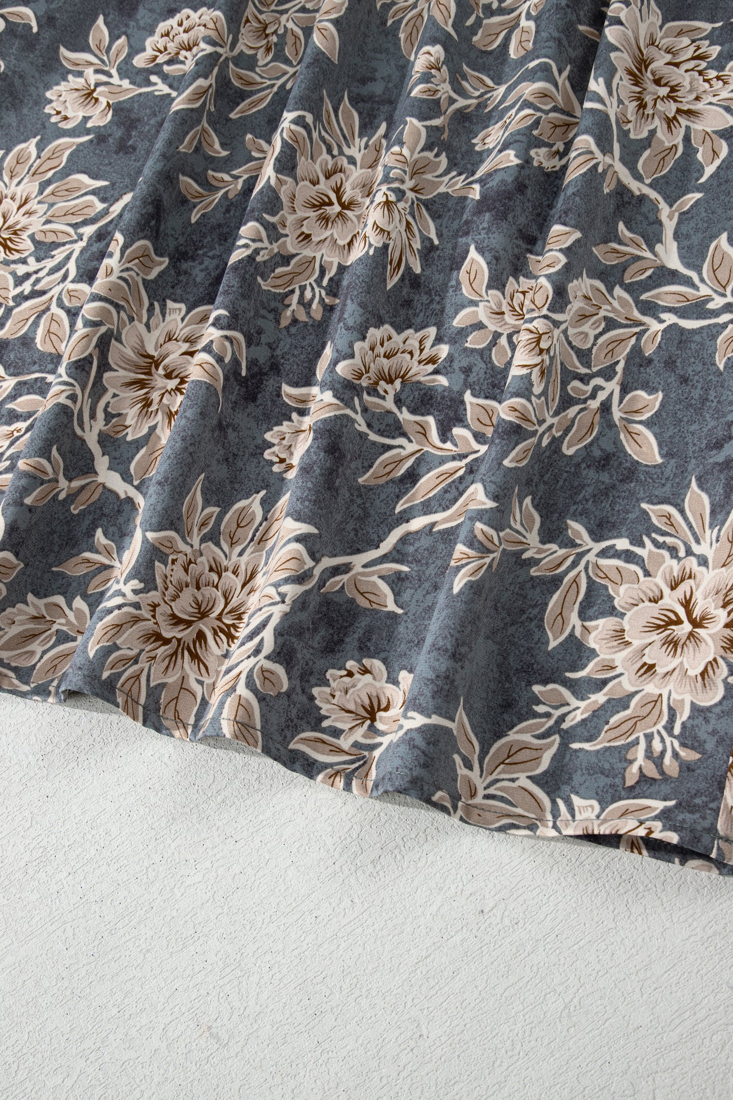 Sky Blue Plus Size Floral Print Split Neck Shirred High Waist Long Sleeve Maxi Dress