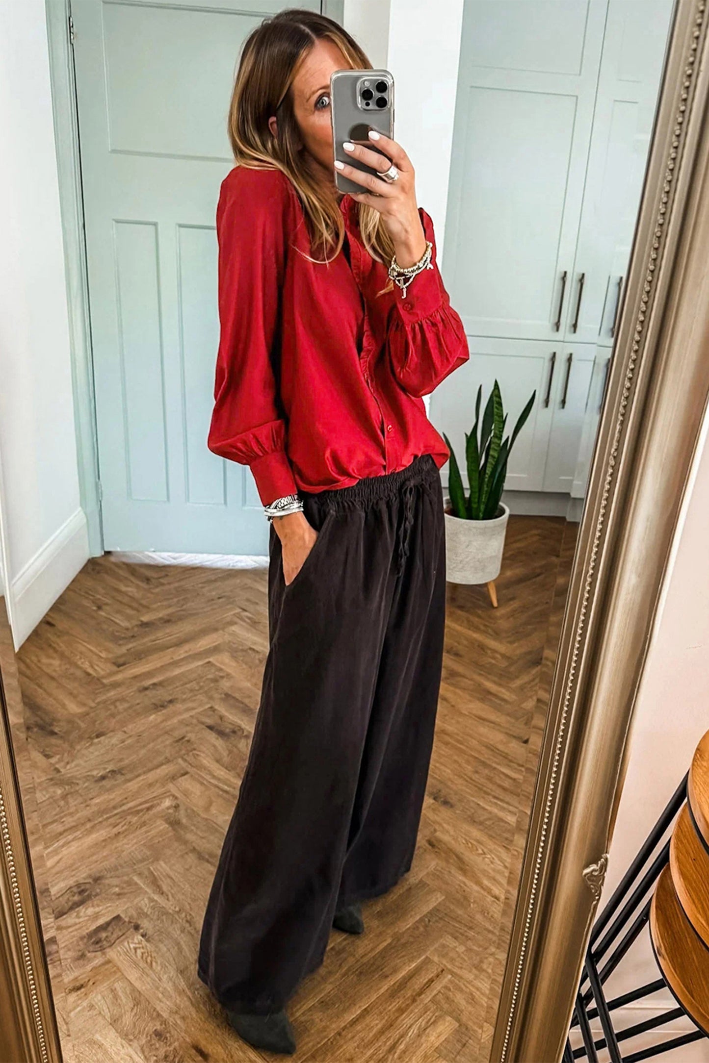 Fiery Red Frilled Trim Button Up Pleated Long Sleeve Shirt