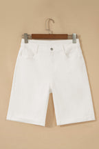 White Solid Color Rolled Cuffs Denim Bermuda Shorts