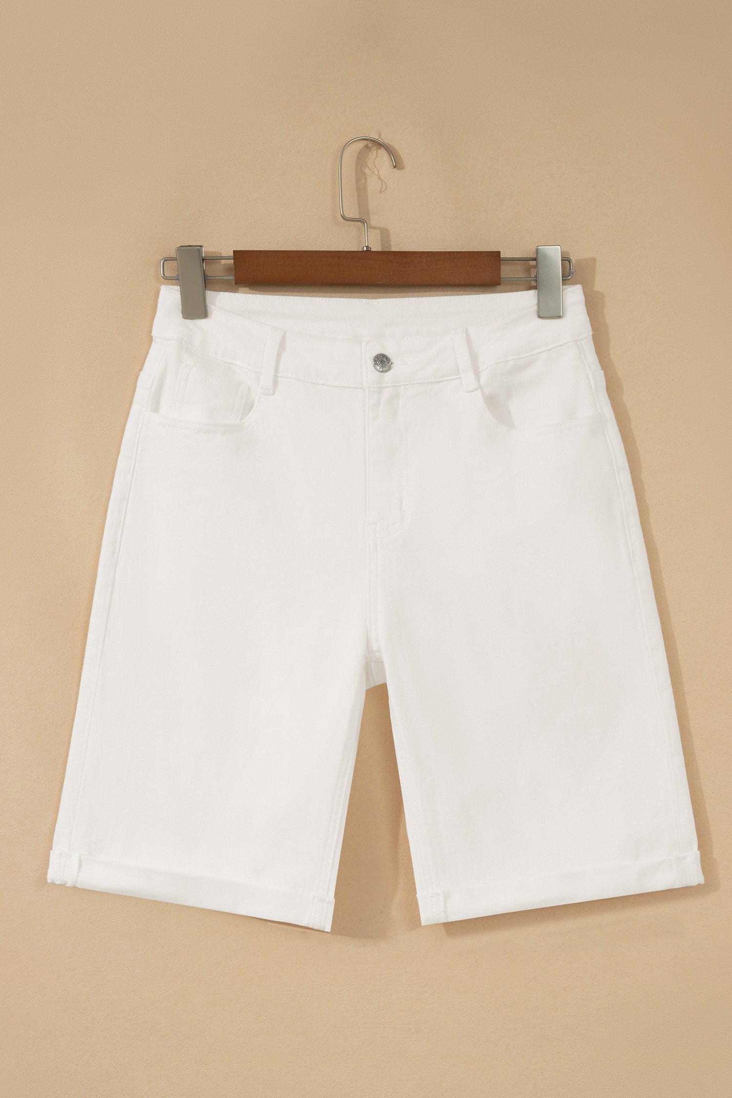 White Solid Color Rolled Cuffs Denim Bermuda Shorts