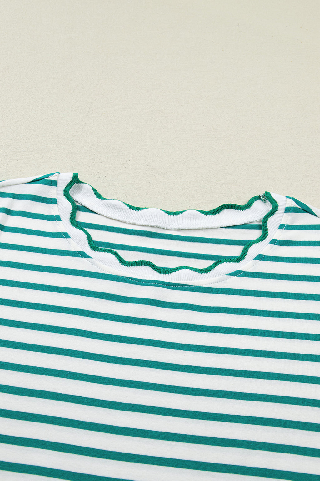 Black Stripe Scalloped Trim Round Neck T Shirt