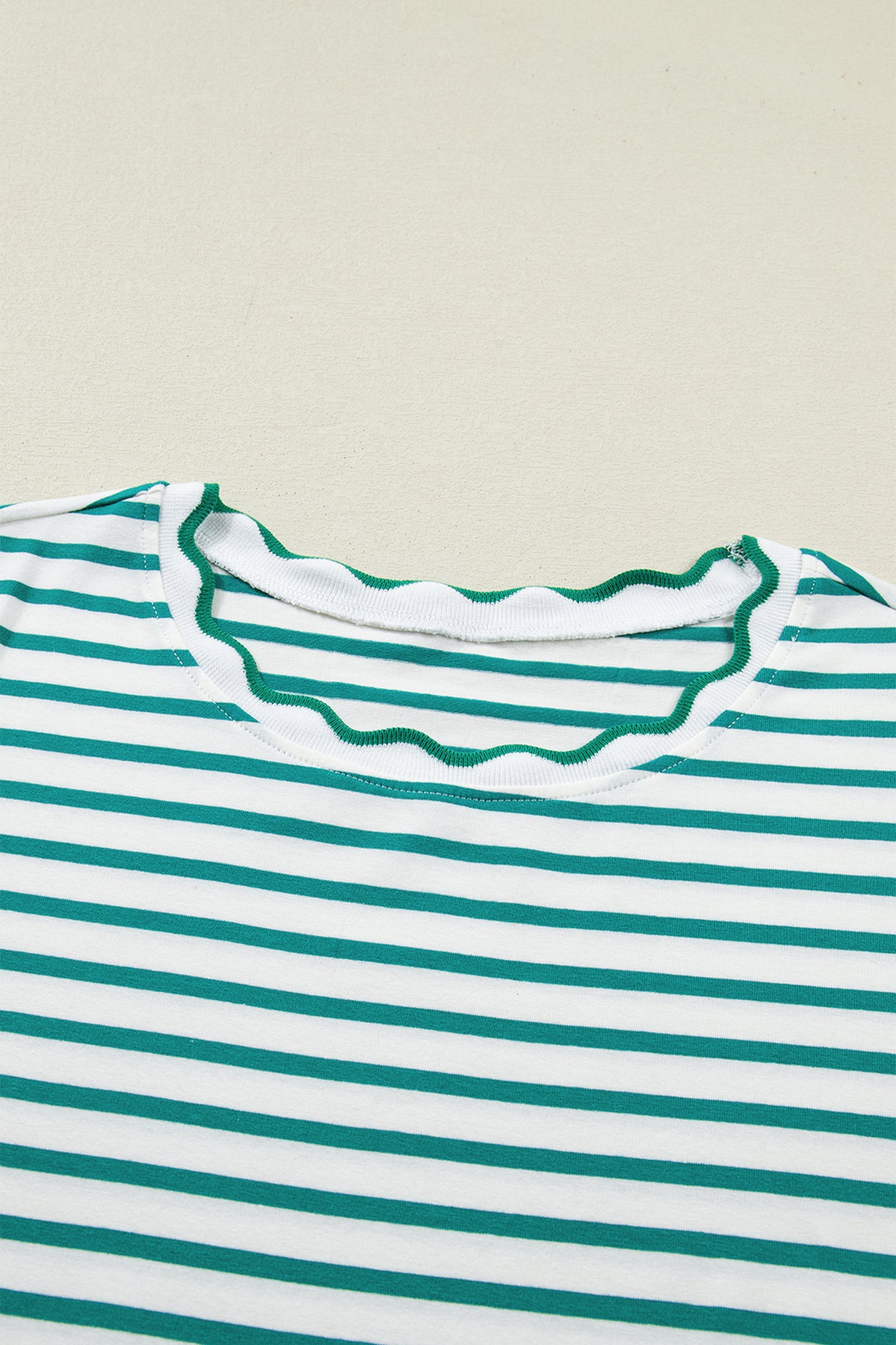 Black Stripe Scalloped Trim Round Neck T Shirt