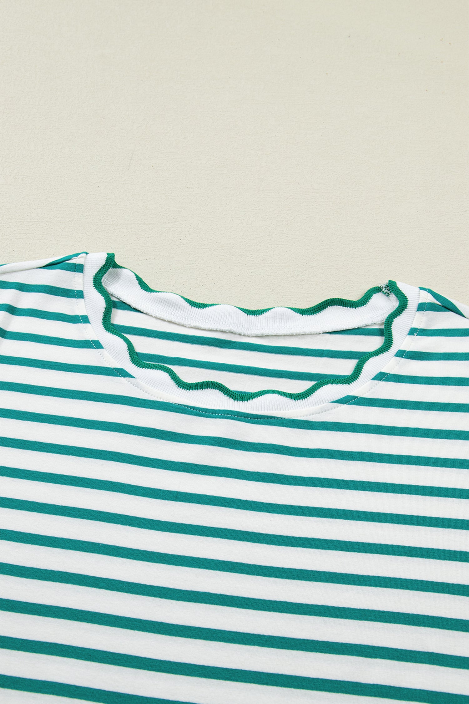 Black Stripe Scalloped Trim Round Neck T Shirt