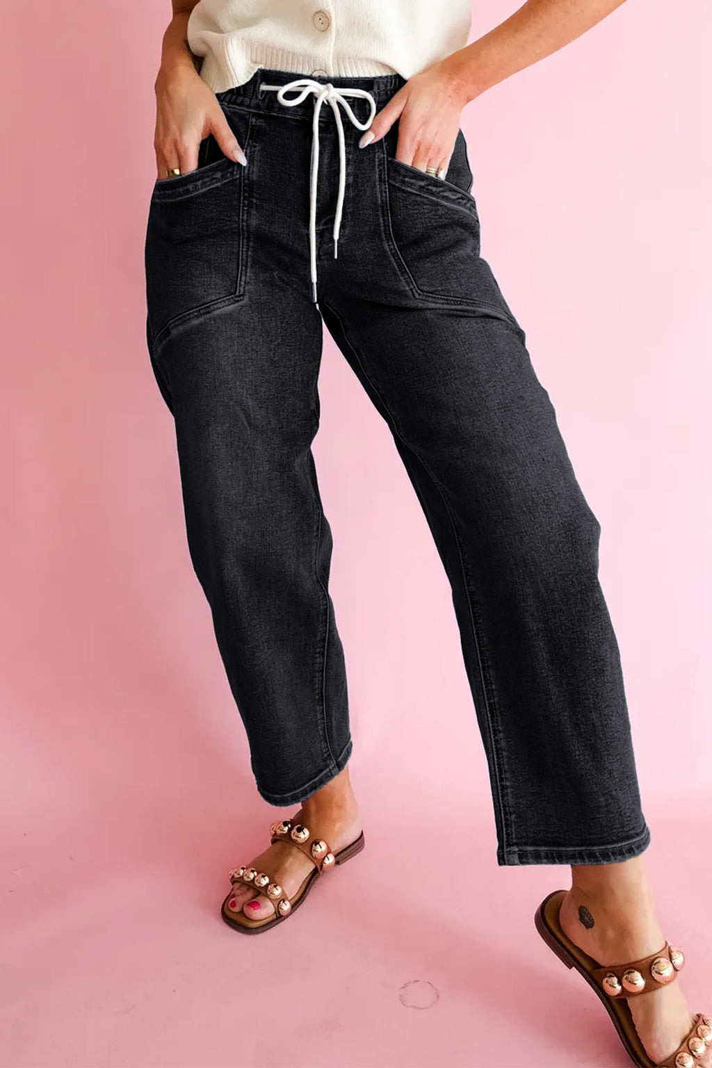 Black casual ankle-length jeans with drawstring waist, regular fit, and pocket details by Dear-Lover, perfect for everyday wear.