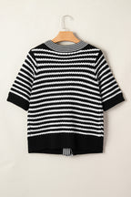Black Stripe Short Sleeve Knit V Neck Bow Knot Sweater