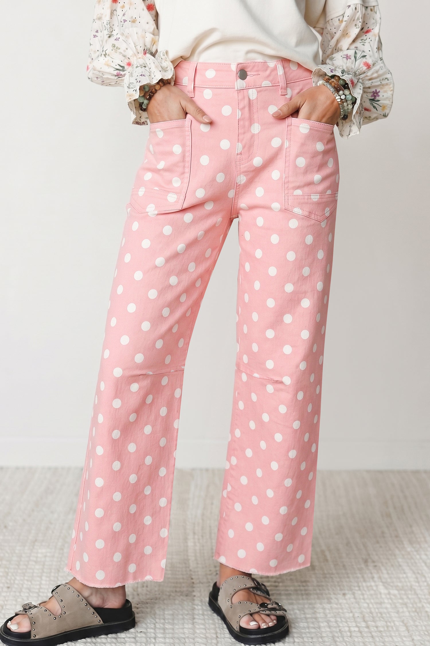 Pink Polka Dot Casual Slim Fit Jeans