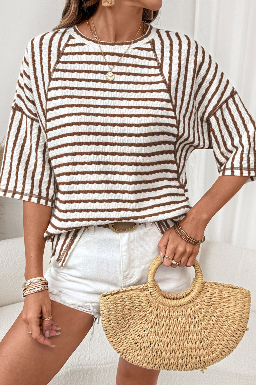 Pink Stripe Textured Knit Split Hem Half Sleeve Loose Top