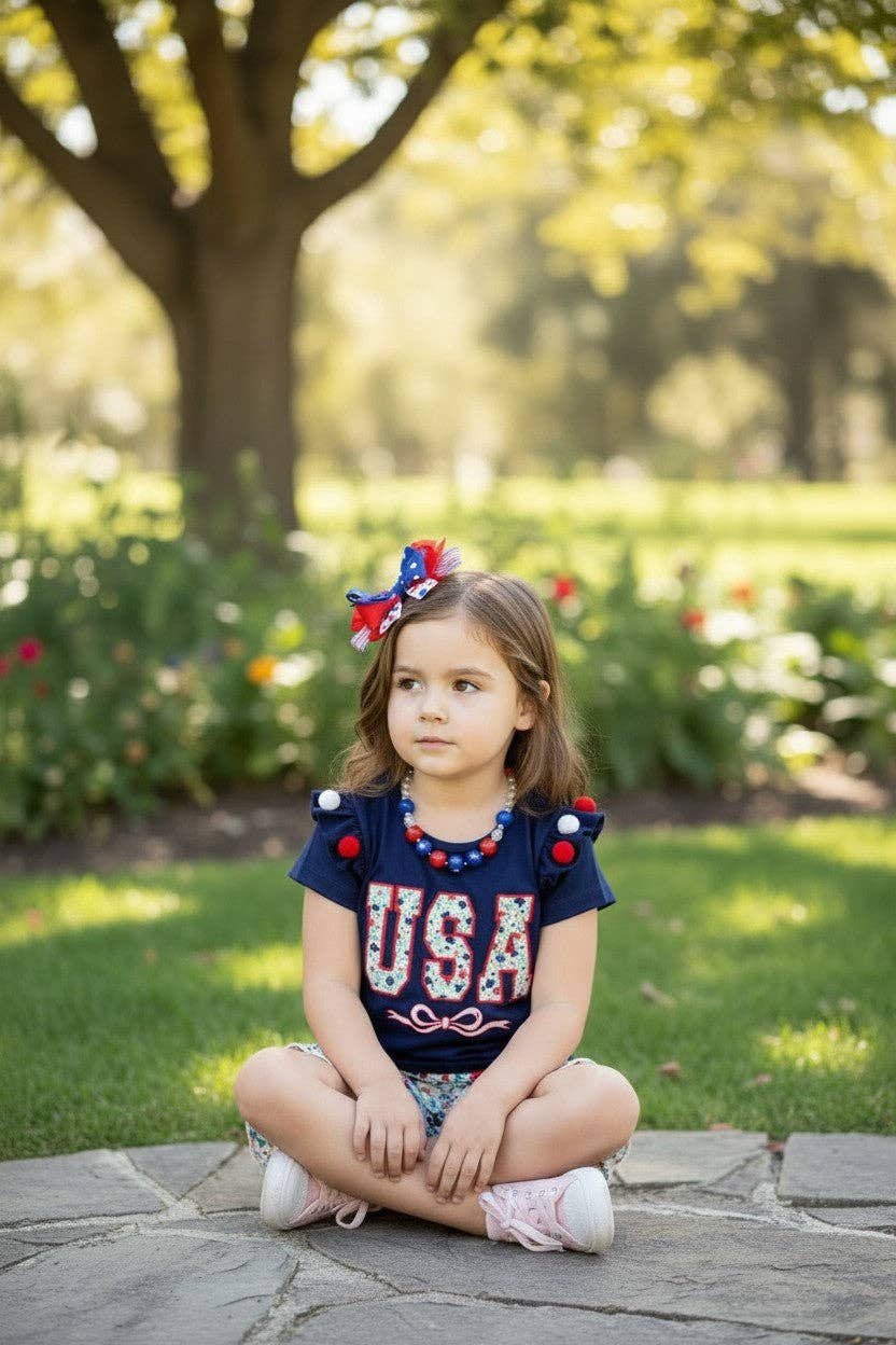 USA Floral applique navy blue top & floral bottoms. OFG50581 AMY
