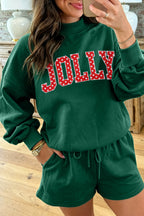 Dark Green Christmas Slogan Print Mock Neck Pullover and Shorts Set