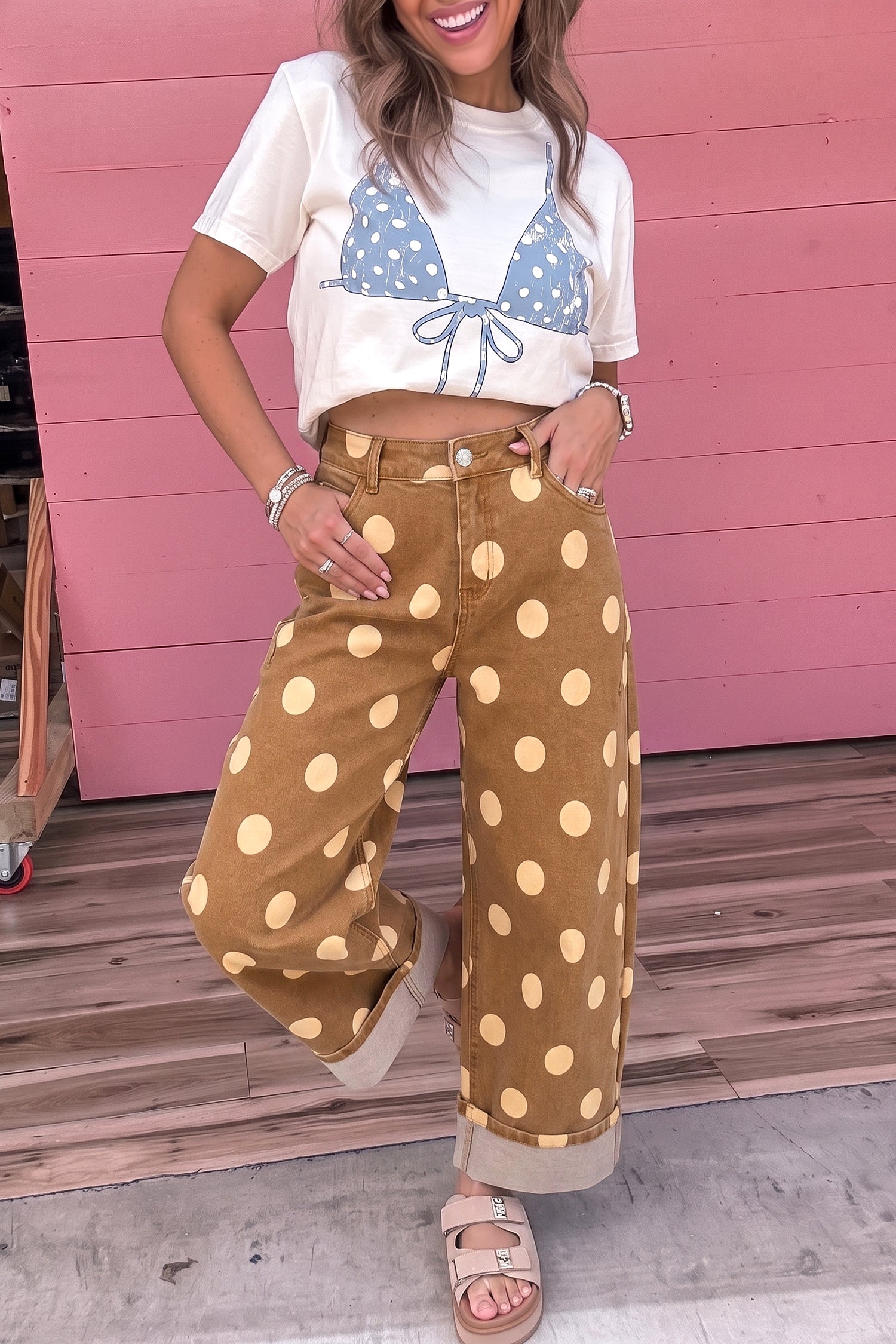 Polka Dot Ankle-Length Metal Button Casual Jeans