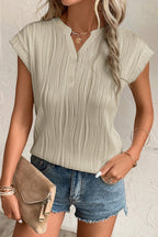 Apricot Wavy Textured Button V Neck Tee