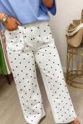 White Polka Dot Print Scalloped Patch Pocket Cotton Shift Pants