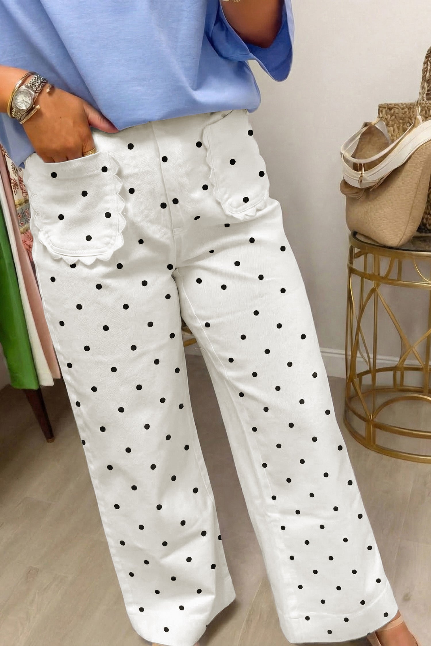 White Polka Dot Print Scalloped Patch Pocket Cotton Shift Pants