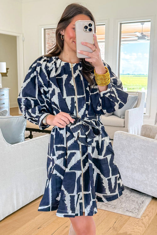 Blue Abstract Geometric Print Zip Front Tie Waist Shift Dress