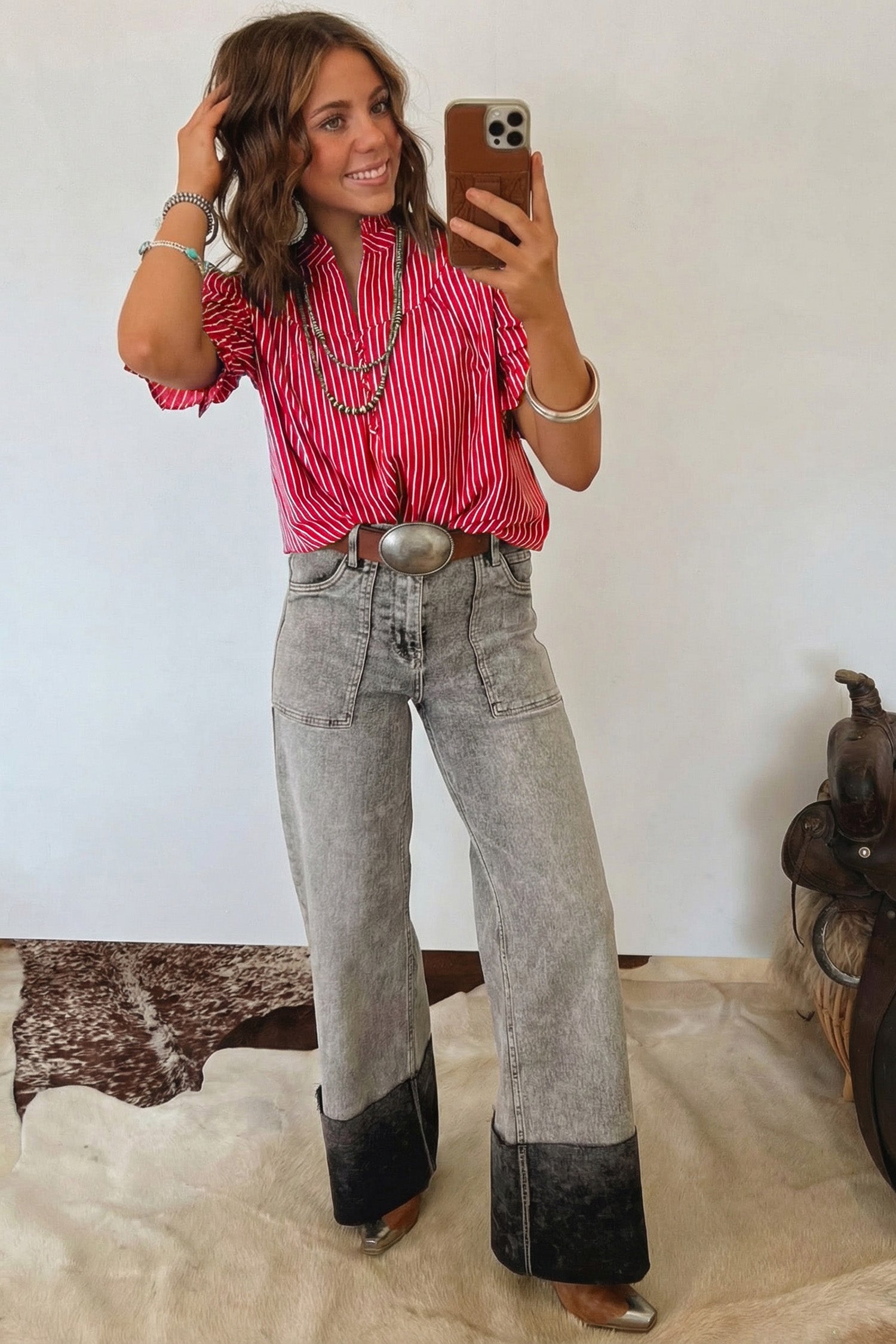 Stripe Ruffled Short Puff Sleeve Button Front Blouse