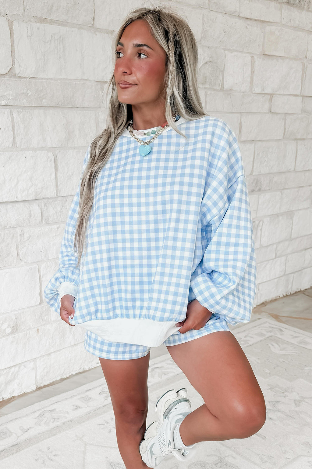Sky Blue Plaid Baggy Pullover Drawstring Casual Shorts 2pcs Outfit