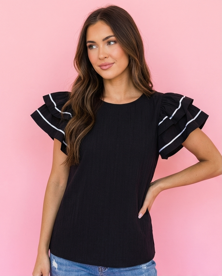 Black Contrast Trim Dual Ruffle Short Sleeve Textured Blouse