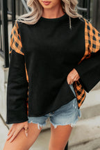 Black Patchwork Plaid Pumpkin Face Long Sleeve Top
