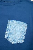 Sail Blue Color Block Chest Pocket Patched Casual Short Sleeve Top
