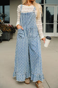 Myosotis Striped Distressed Ruffled Wide Leg Denim Overalls