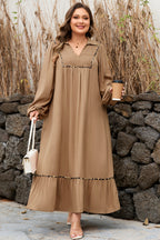 Chestnut Smocked V Neckline Leopard Piping Accent Bracelet Plus Size Long Dress