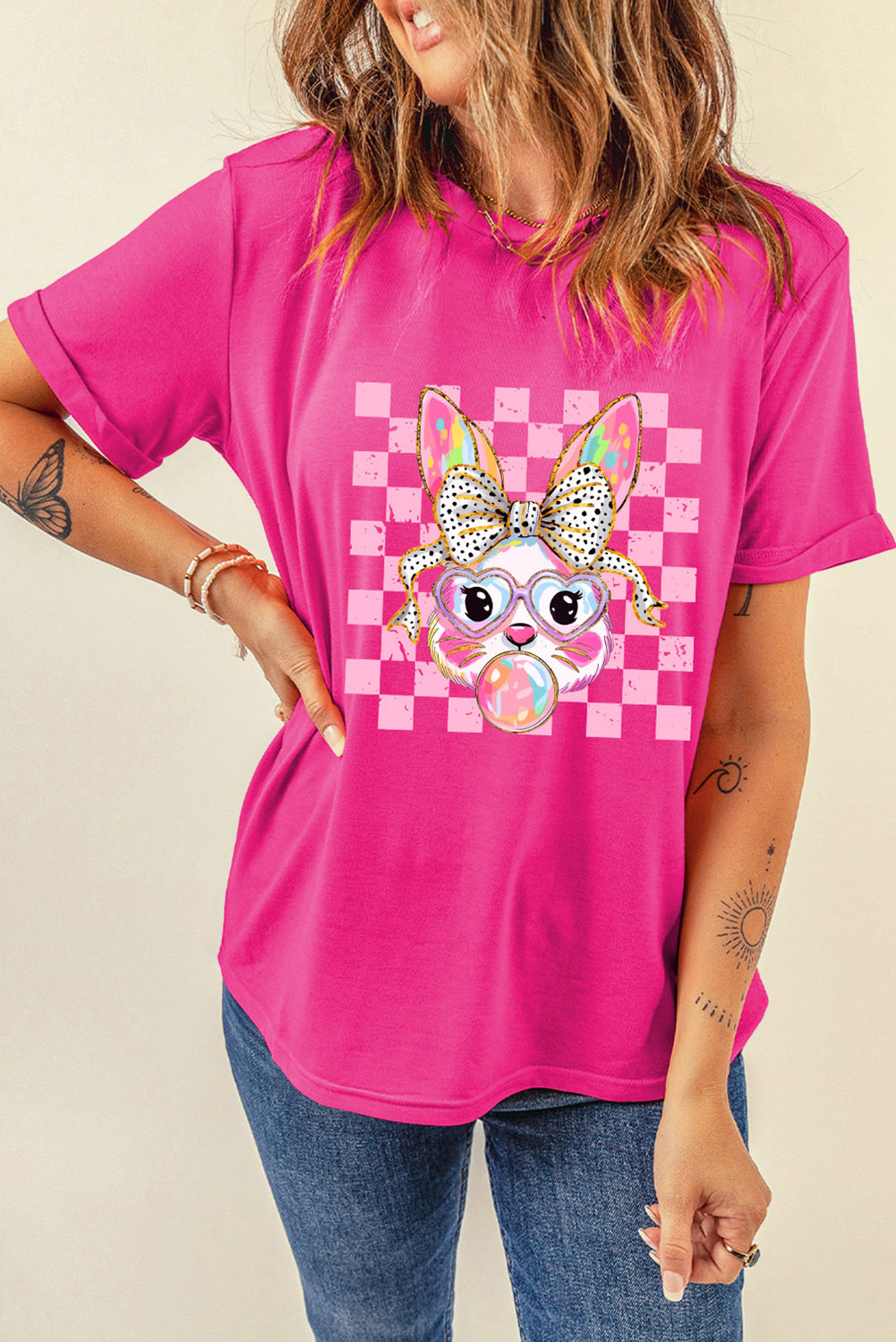 Rose Red Plaid Bubble Gum Rabbit Graphic Easter T Shirt