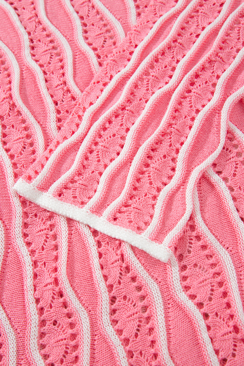 Pink Wavy Detail Hollow Out Knit Long Sleeve Cotton Pullover Sweater
