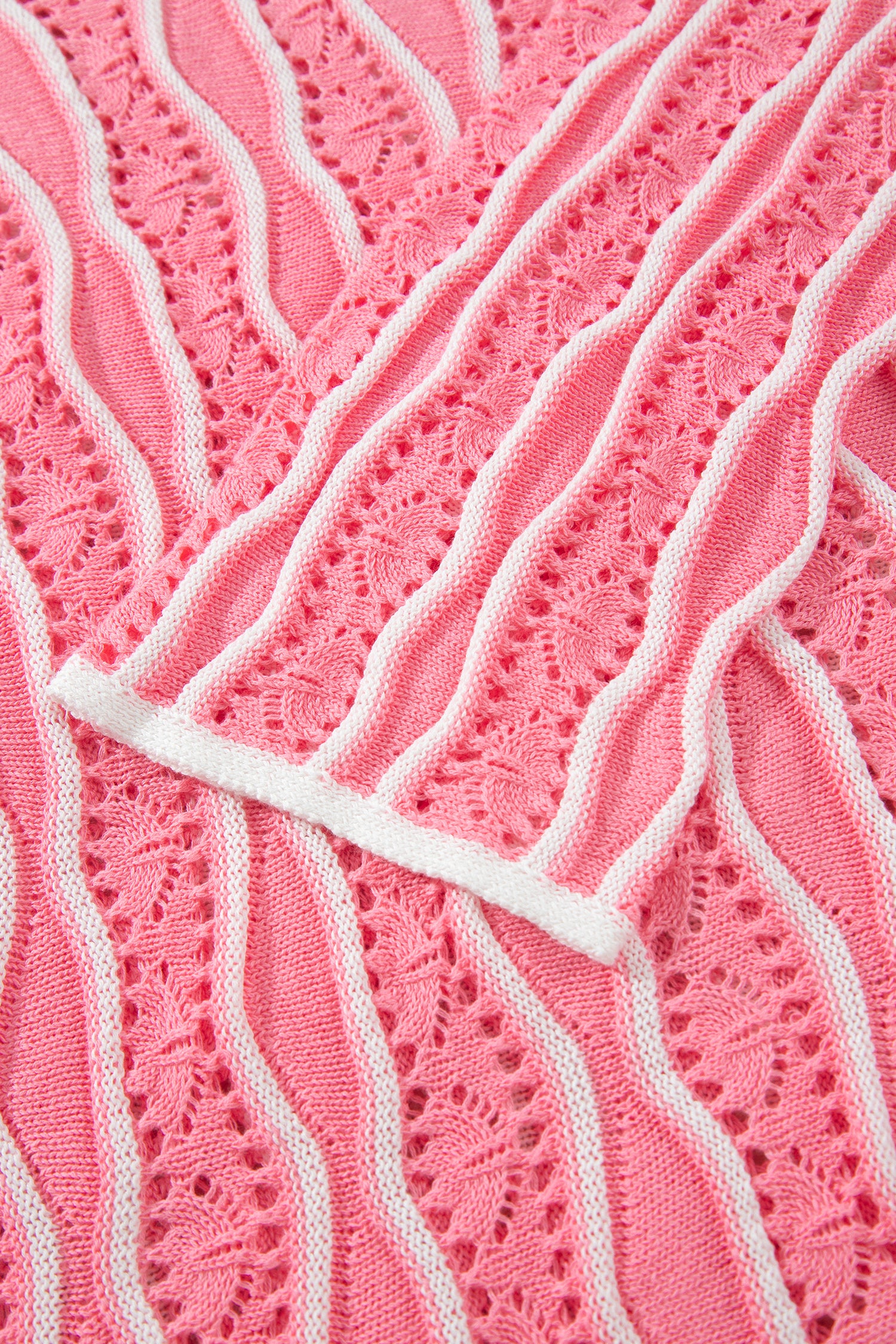 Pink Wavy Detail Hollow Out Knit Long Sleeve Cotton Pullover Sweater