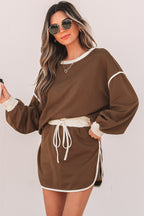 Rose Red Color Contrast Loose Pullover and Lace-up Waist Skort Set