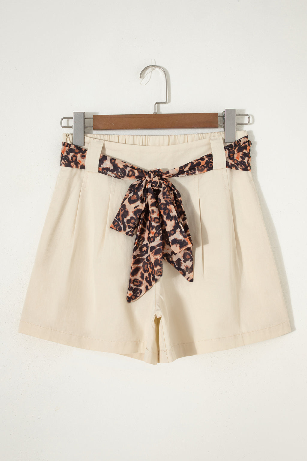 Oatmeal Leopard Contrast Sash Belt Pleated Wide Leg Shorts