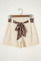 Oatmeal Leopard Contrast Sash Belt Pleated Wide Leg Shorts