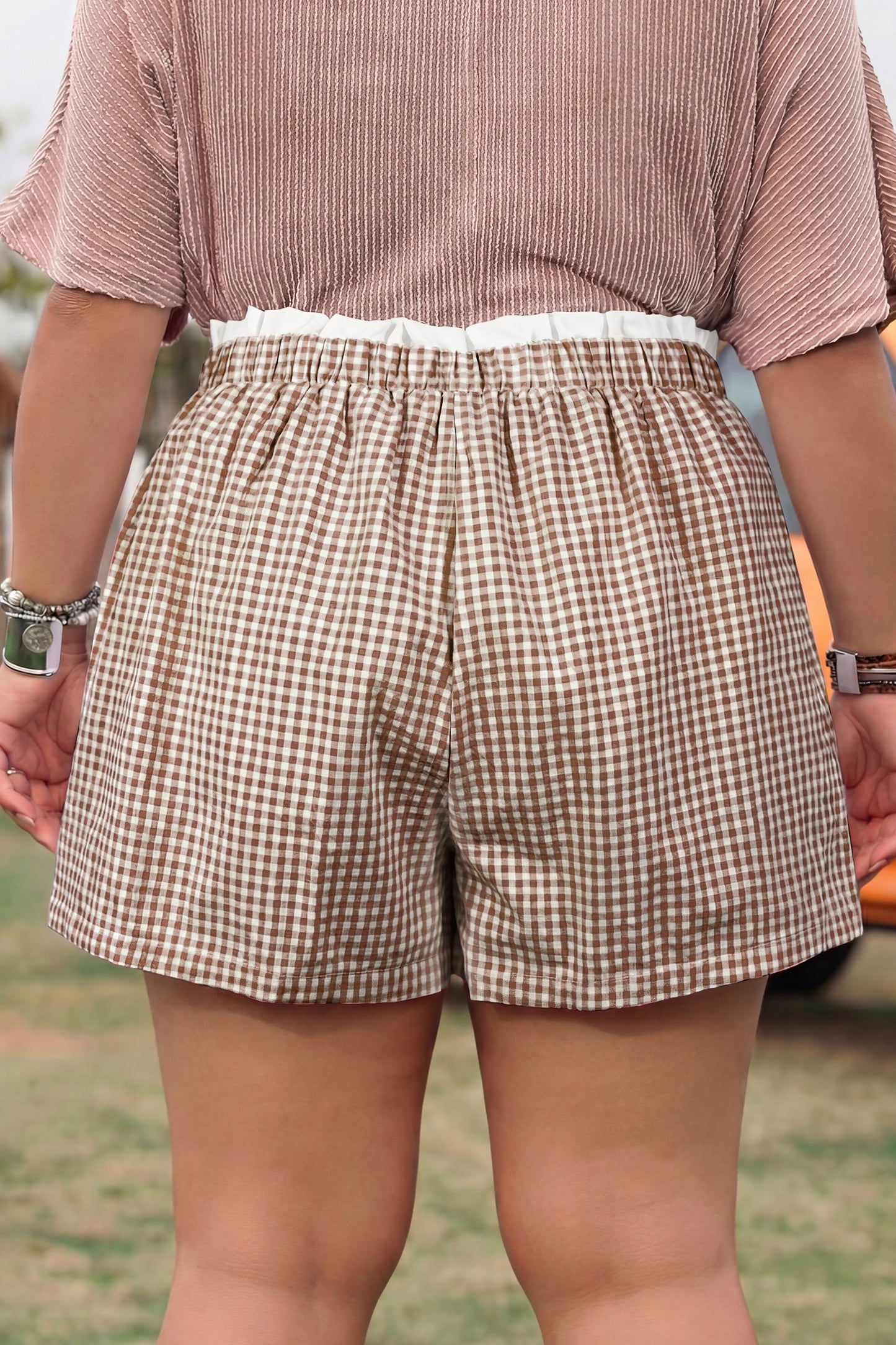 Contrast Trim Plaid Print Plus Size Shorts