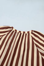 Brown Stripe V Neck Half Sleeve Casual Blouse