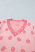 Rose Red Polka Dot Puff Short Sleeve Sweater Top