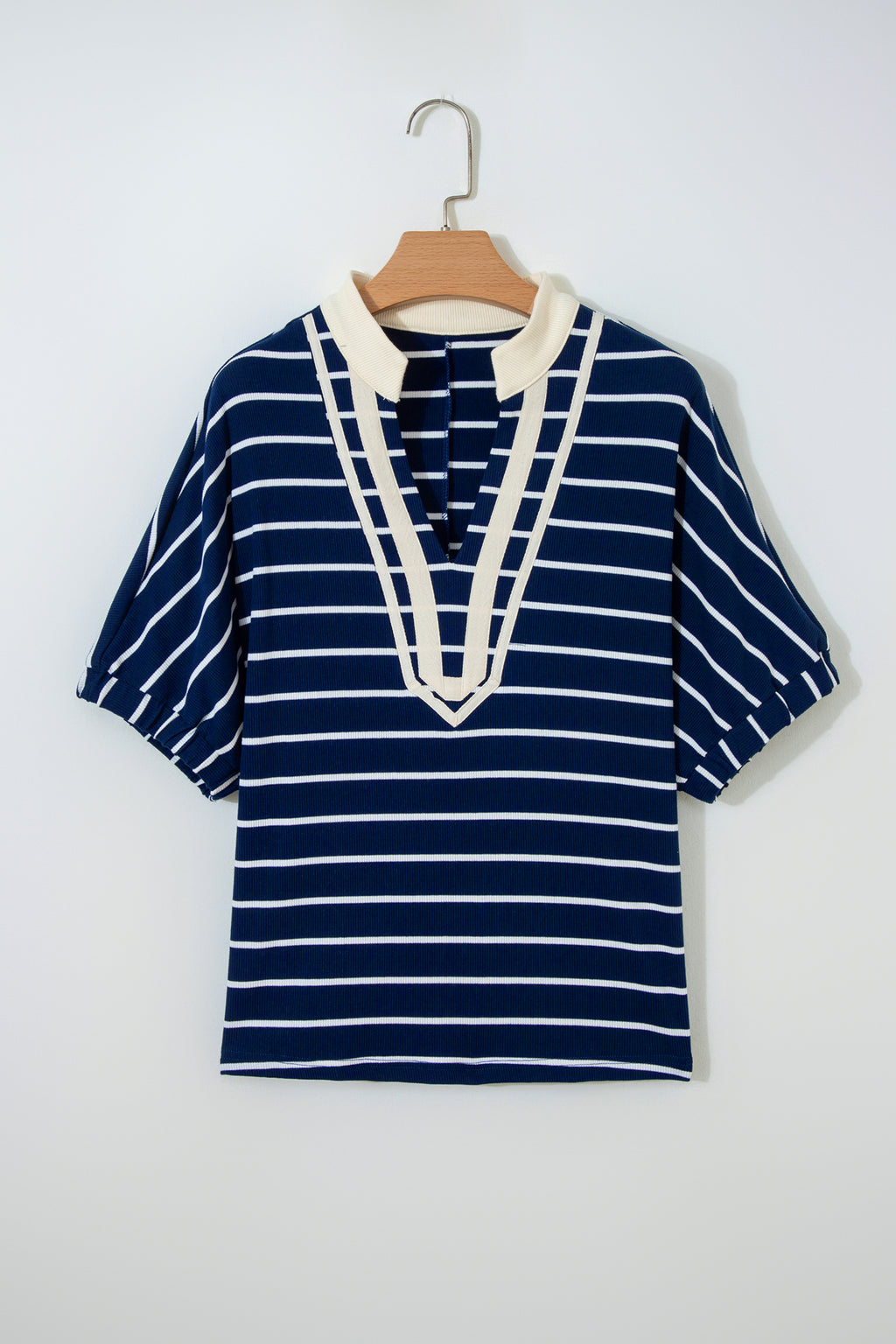 Black Stripe Stand Collar V Neck Elastic Cuffs Half Sleeve Dolman Top