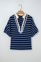 Black Stripe Stand Collar V Neck Elastic Cuffs Half Sleeve Dolman Top