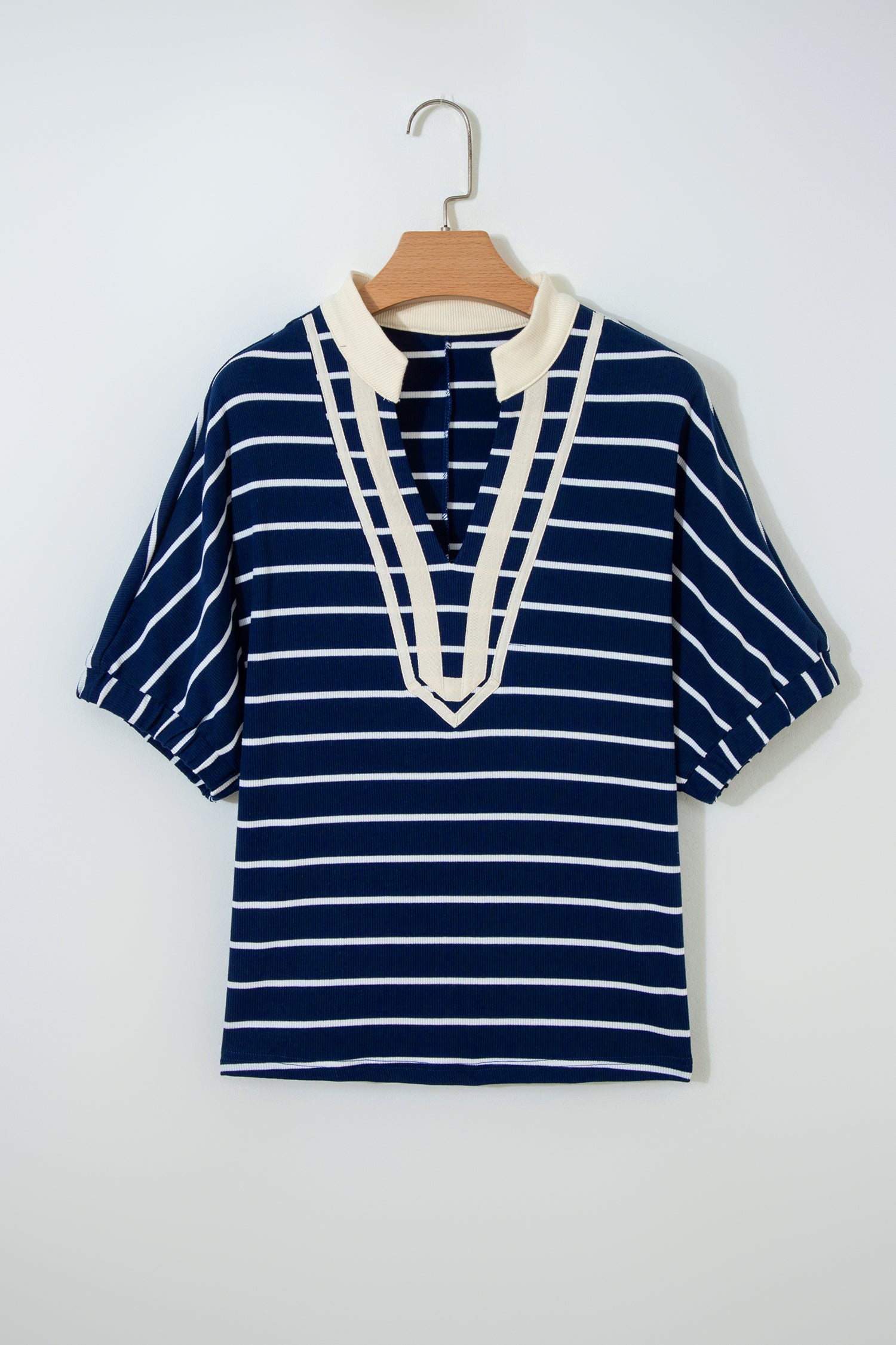 Black Stripe Stand Collar V Neck Elastic Cuffs Half Sleeve Dolman Top