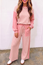 Green Color Block Plaid Patchwork Long Sleeve Pullover Wide Leg Pant Set