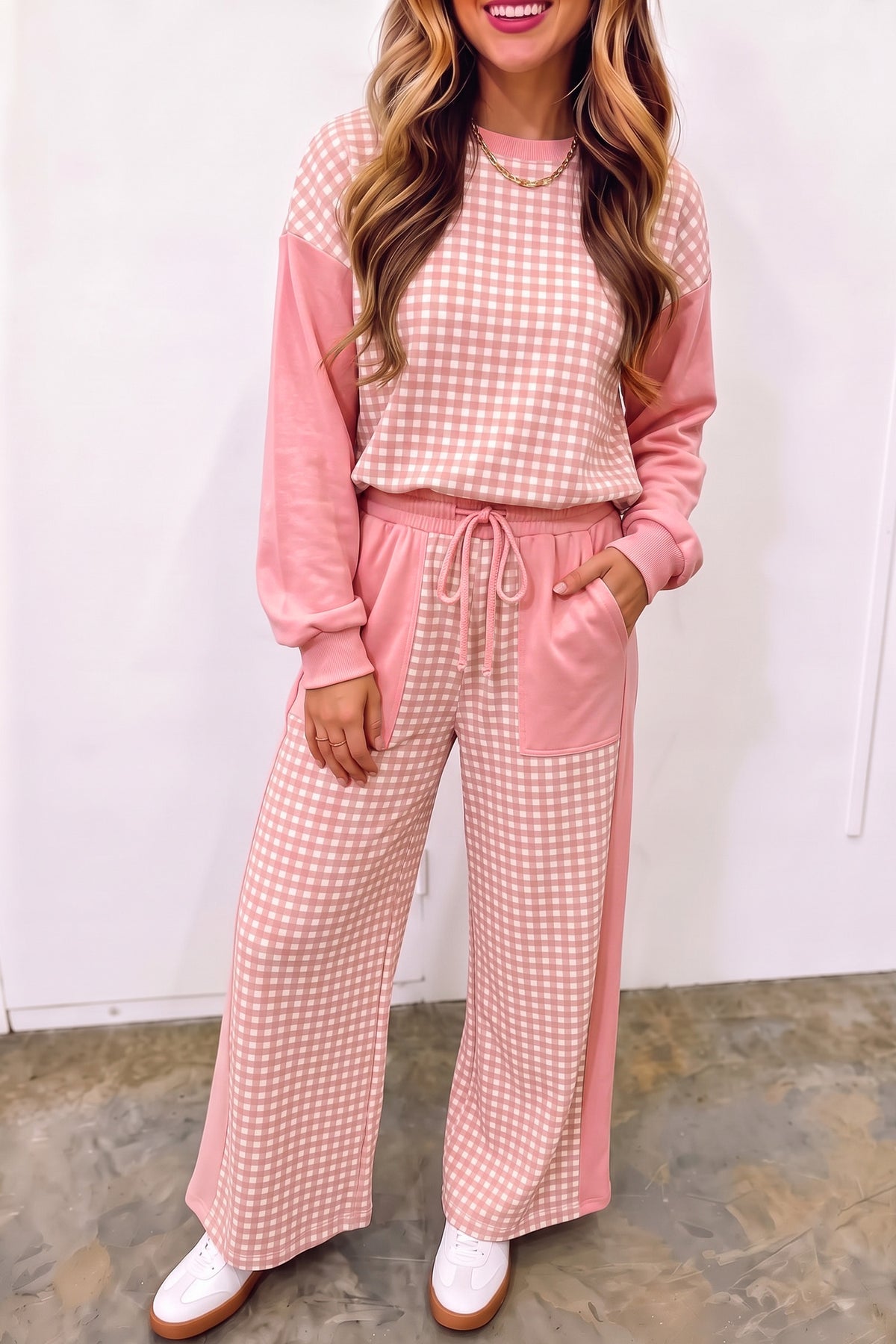 Green Color Block Plaid Patchwork Long Sleeve Pullover Wide Leg Pant Set
