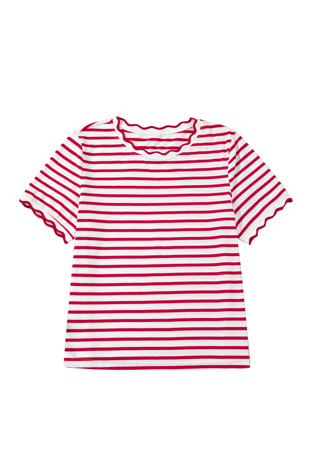 Black Stripe Scalloped Trim Round Neck T Shirt