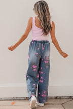 Beau Blue Floral Print Elastic Waist Pull On Casual Jeans